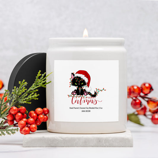 Merry Catmas - White Ceramic Jar Christmas Candle 8oz