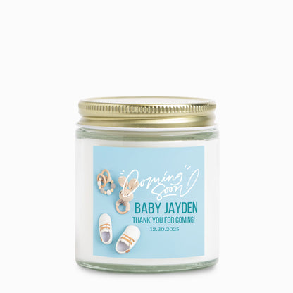 Personalized Coming Soon Baby Shower Candle Favors - Clear Glass Jar 4oz