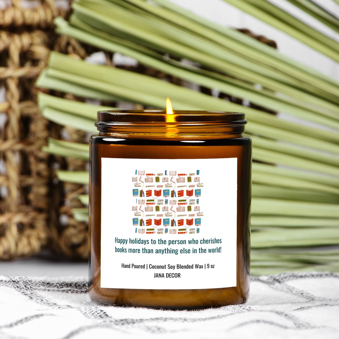 Happy Holidays Book Candle - Amber Jar 9oz