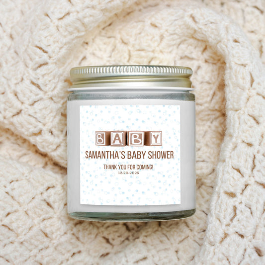 Personalized Neutral Brown Baby Shower Candle Favors - Clear Glass Jar 4oz